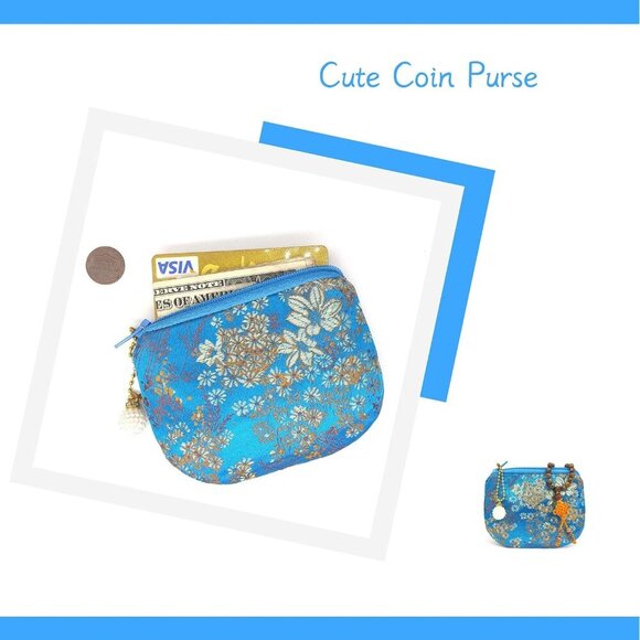 Handmade Women Coin Purse Brocade Zipper Wallet Silk Makeup Bag - SKYBLUE - Picture 3 of 6